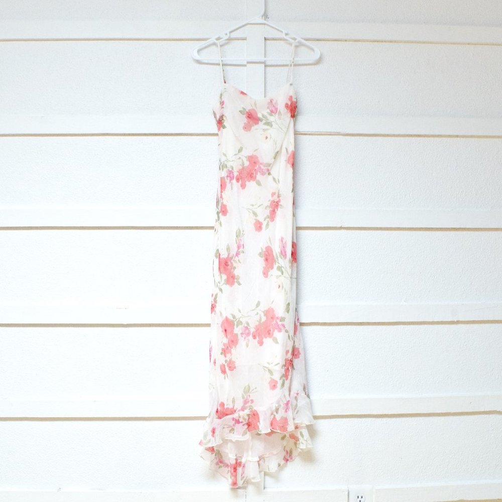 BE SMART Vintage Rose Garden Floral Chiffon High Low Maxi Dress | Size S